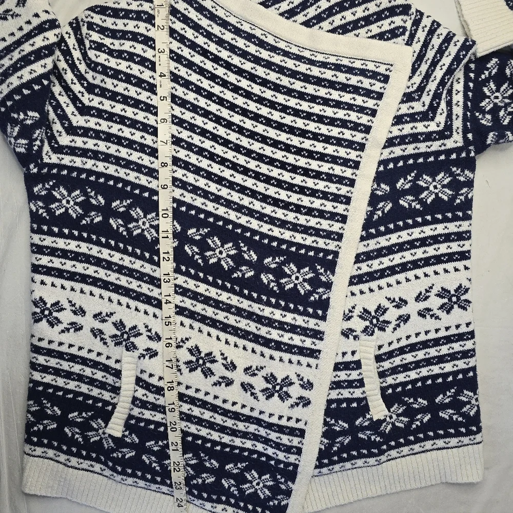 Lands' End Fair Isle Sweater Open Cardigan Navy Ivory Nordic Print Cabincore M - Picture 12 of 13
